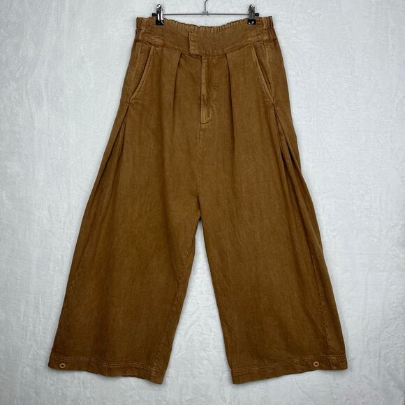Free People Cool Harbor Wide-Leg Trousers Pants M High-Rise Smocked Tan 275619 - Picture 4 of 15